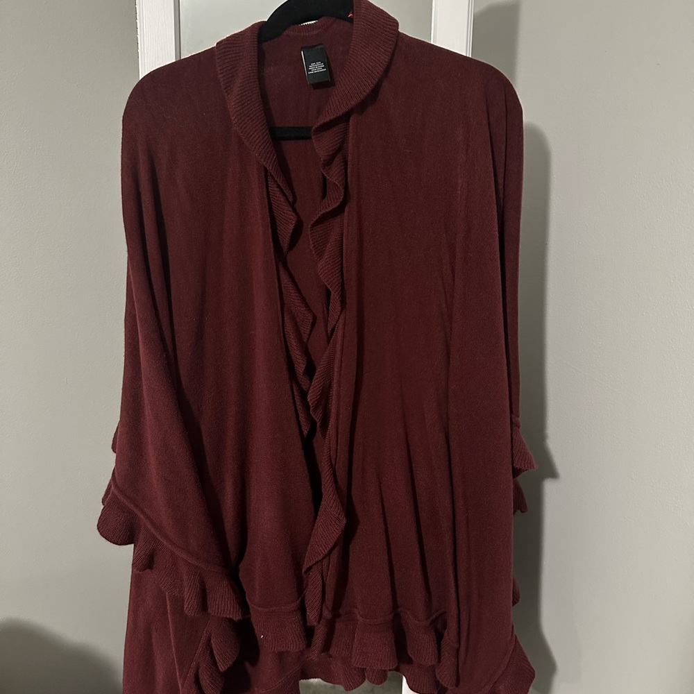 Burgundy Ruffle Trim Poncho